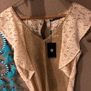 Gold and Lace Flutter Sleeve Top - NWT - Size S/M